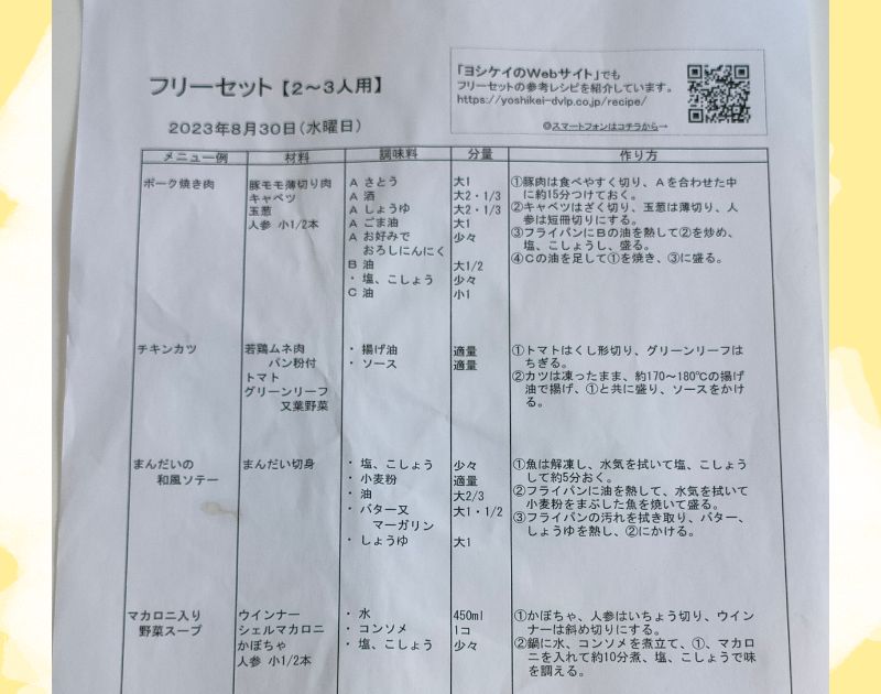 ヨシケイのフリーセットに付いている参考レシピ
